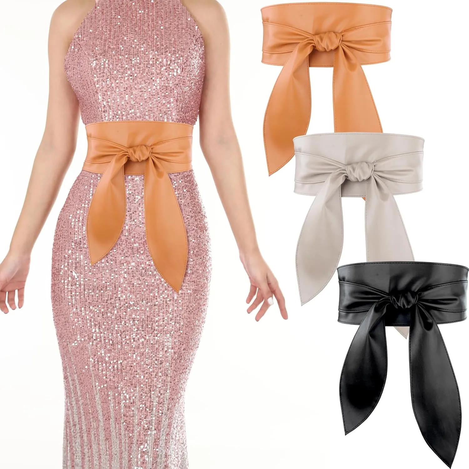 3 Pack Women Obi Belt Fashion PU Leather Wide Waistband Knotted Belt for Dress