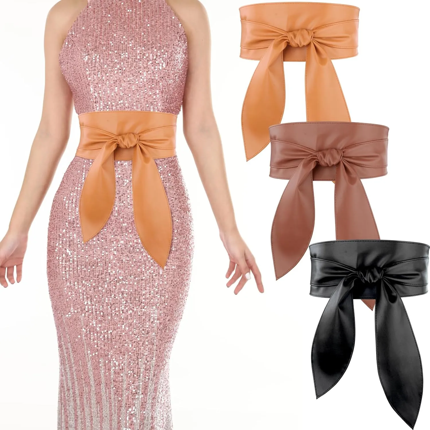 3 Pack Women Obi Belt Fashion PU Leather Wide Waistband Knotted Belt for Dress