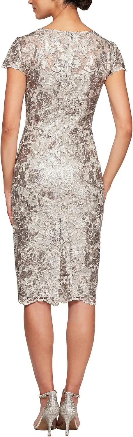 Alex Evenings Women's Short Floral Embroidered Cocktail Sheath Dress, Wedding Guest, Formal Gown (Petite and Regular Sizes)