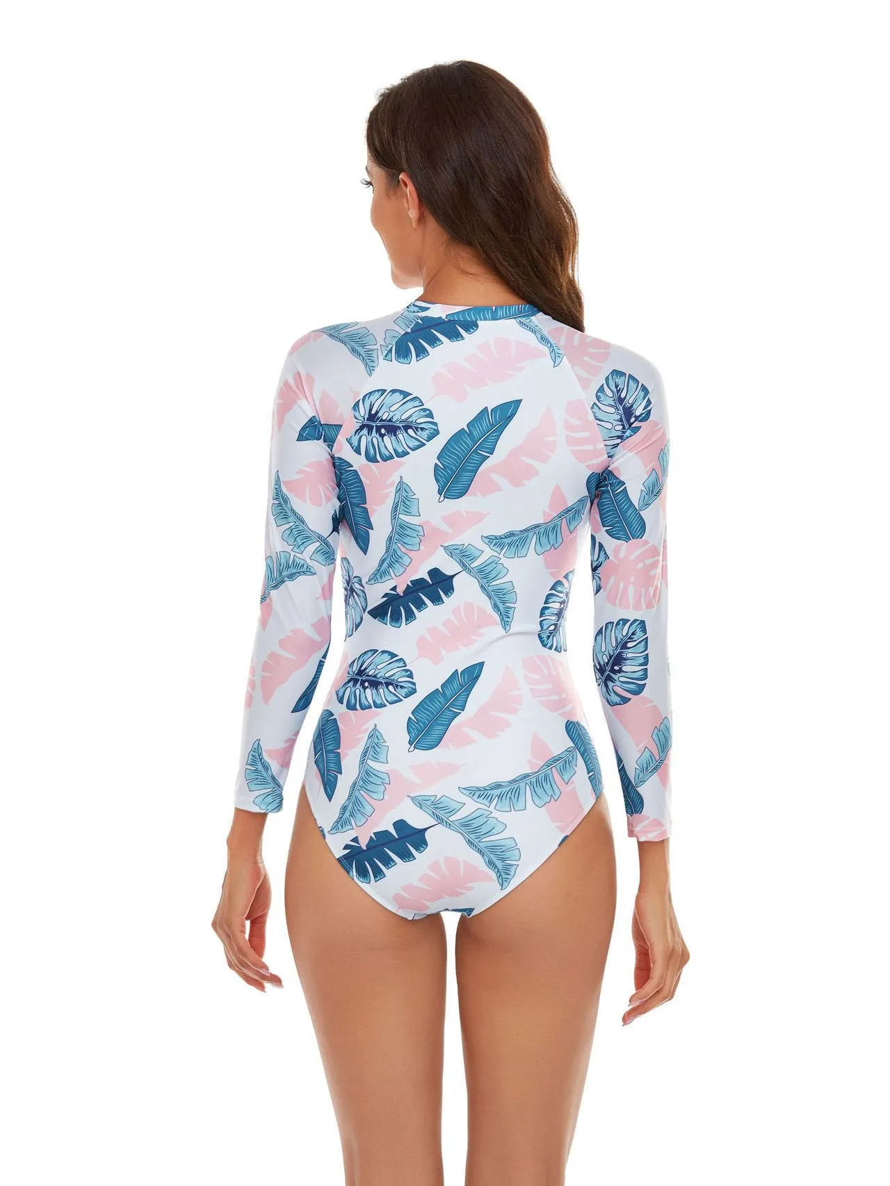 All-over leaf print long-sleeved fashionable swimsuit UPF50  Rash Guard