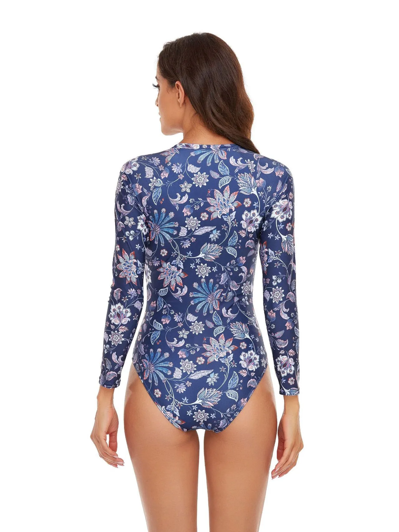 All-over leaf print long-sleeved fashionable swimsuit UPF50  Rash Guard