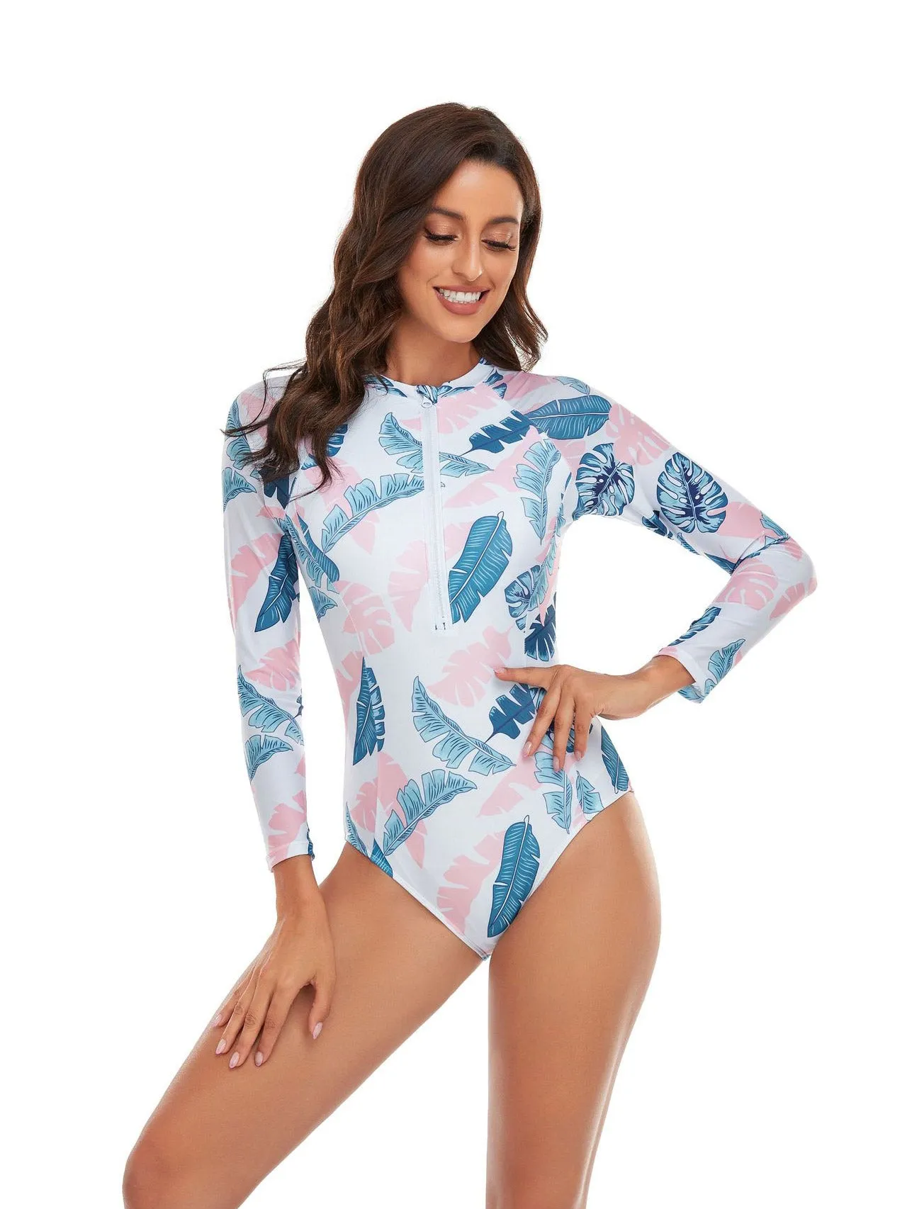 All-over leaf print long-sleeved fashionable swimsuit UPF50  Rash Guard