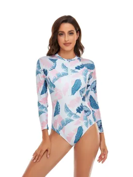 All-over leaf print long-sleeved fashionable swimsuit UPF50  Rash Guard