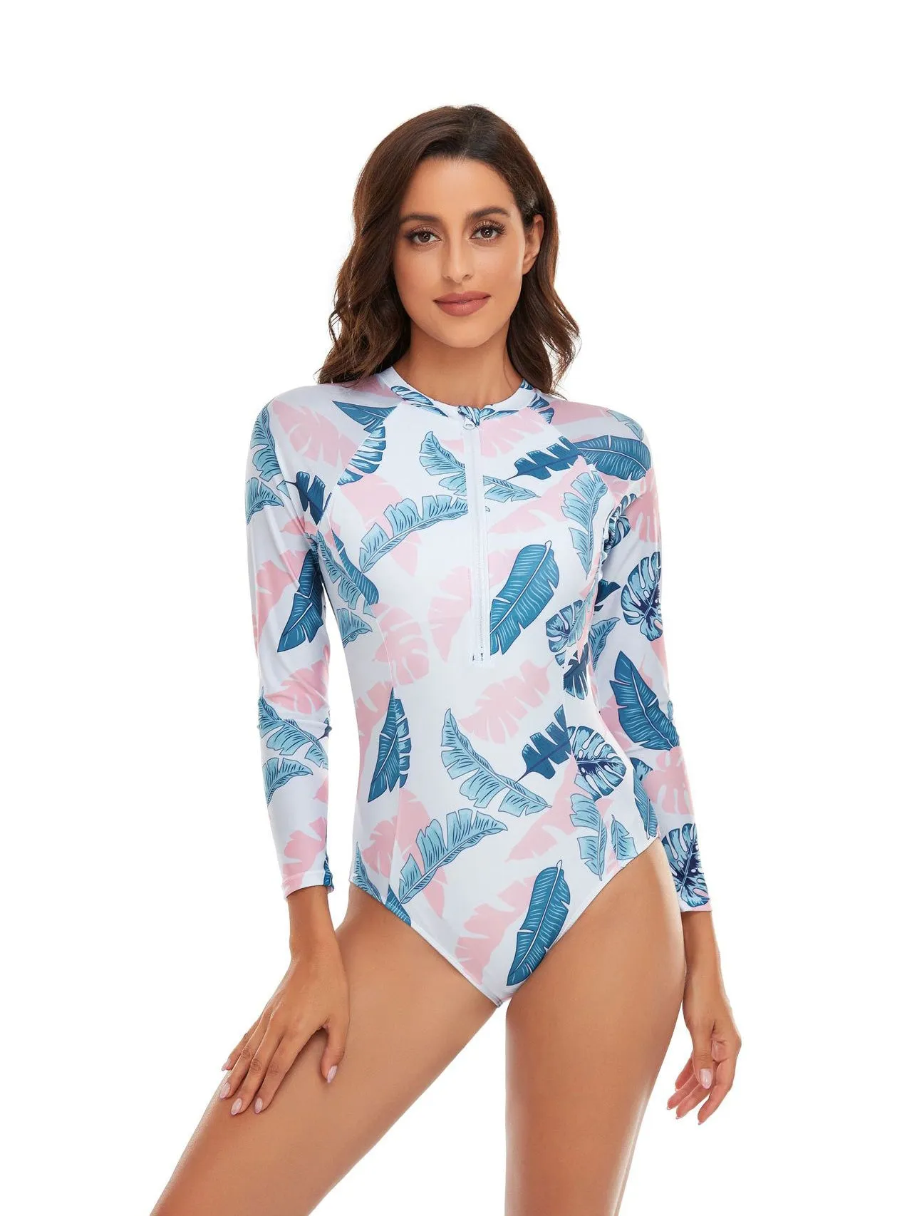 All-over leaf print long-sleeved fashionable swimsuit UPF50  Rash Guard