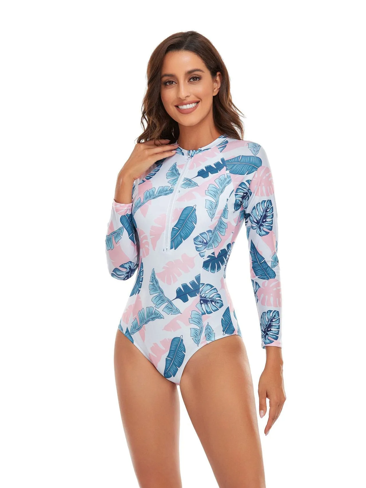 All-over leaf print long-sleeved fashionable swimsuit UPF50  Rash Guard