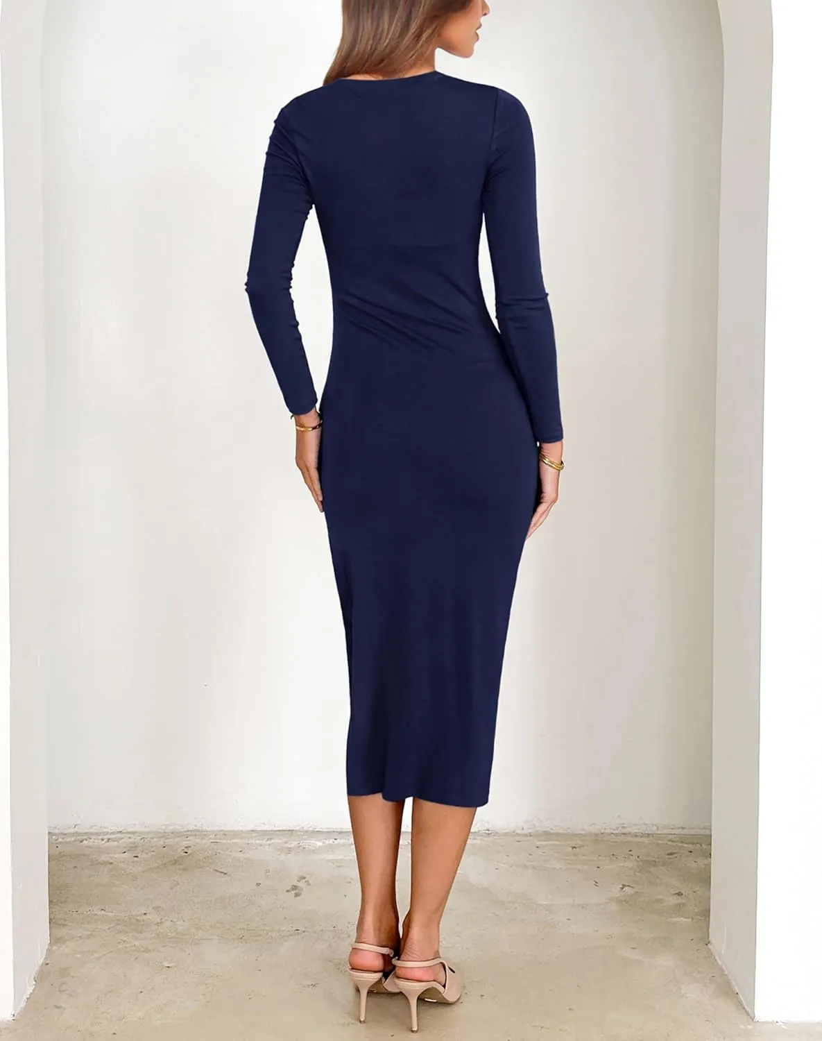 Annebouti Women's Winter Spring Long Sleeve Wedding Guest Dress Ruched Side Slit Bodycon Cocktail Party Midi Dress