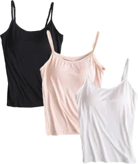 ANUFER Womens 3 Pieces Basic Camisole Adjustable Strap Vest Tank Tops with Built-in Shelf Bra Stretch Undershirts
