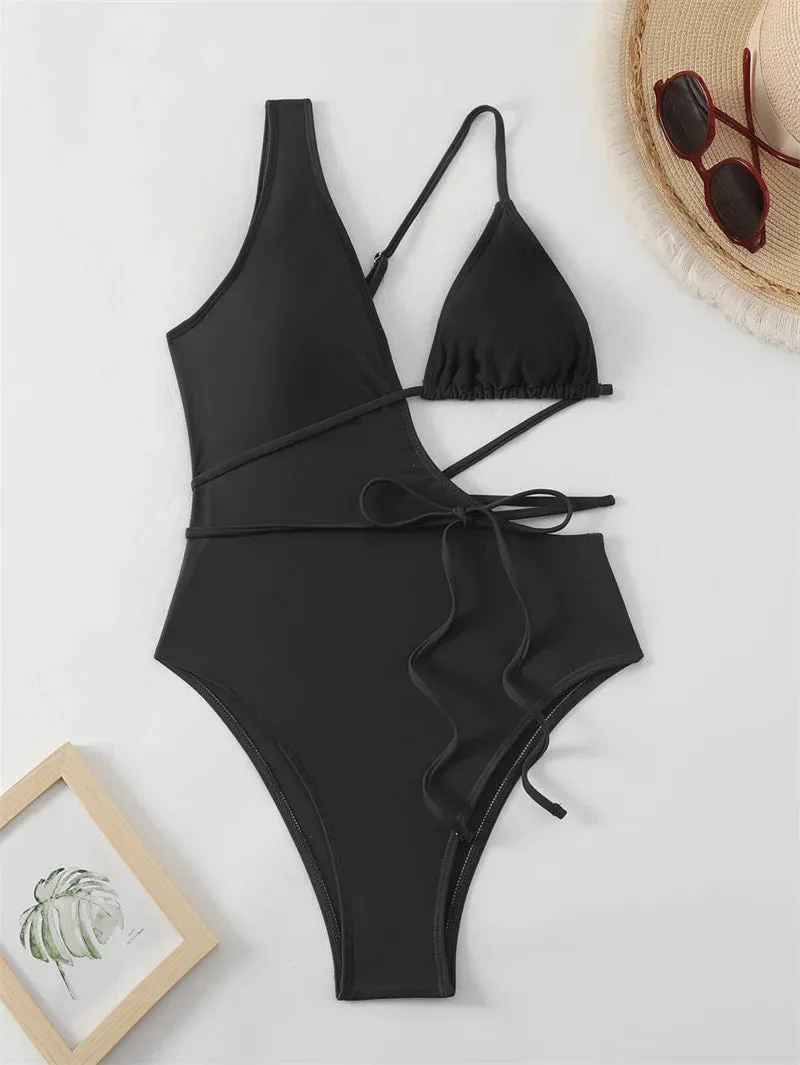 Asymmetric Cut Out Wrap Around One Piece Swimsuit Women Swimwear Sexy High Cut Bathing Suit High Waist Monokini