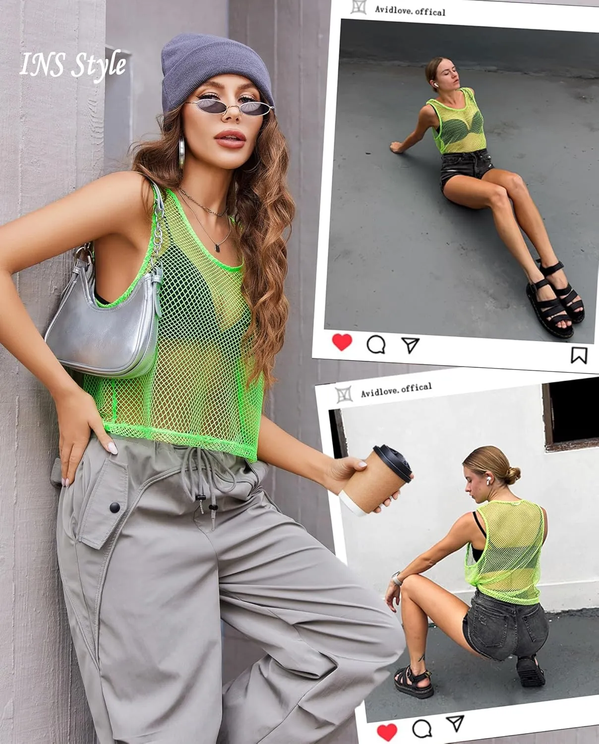 Avidlove Fishnet Top for Women Sleeveless See Through Cover Up Scoop Neck Blouses Y2K Sheer Tank Shirt