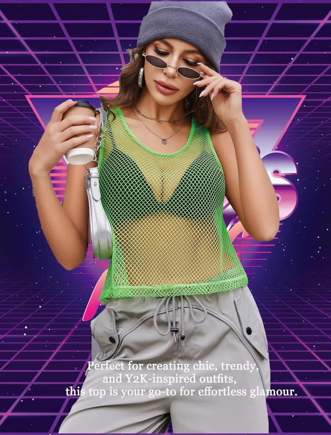 Avidlove Fishnet Top for Women Sleeveless See Through Cover Up Scoop Neck Blouses Y2K Sheer Tank Shirt