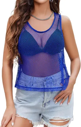 Avidlove Fishnet Top for Women Sleeveless See Through Cover Up Scoop Neck Blouses Y2K Sheer Tank Shirt