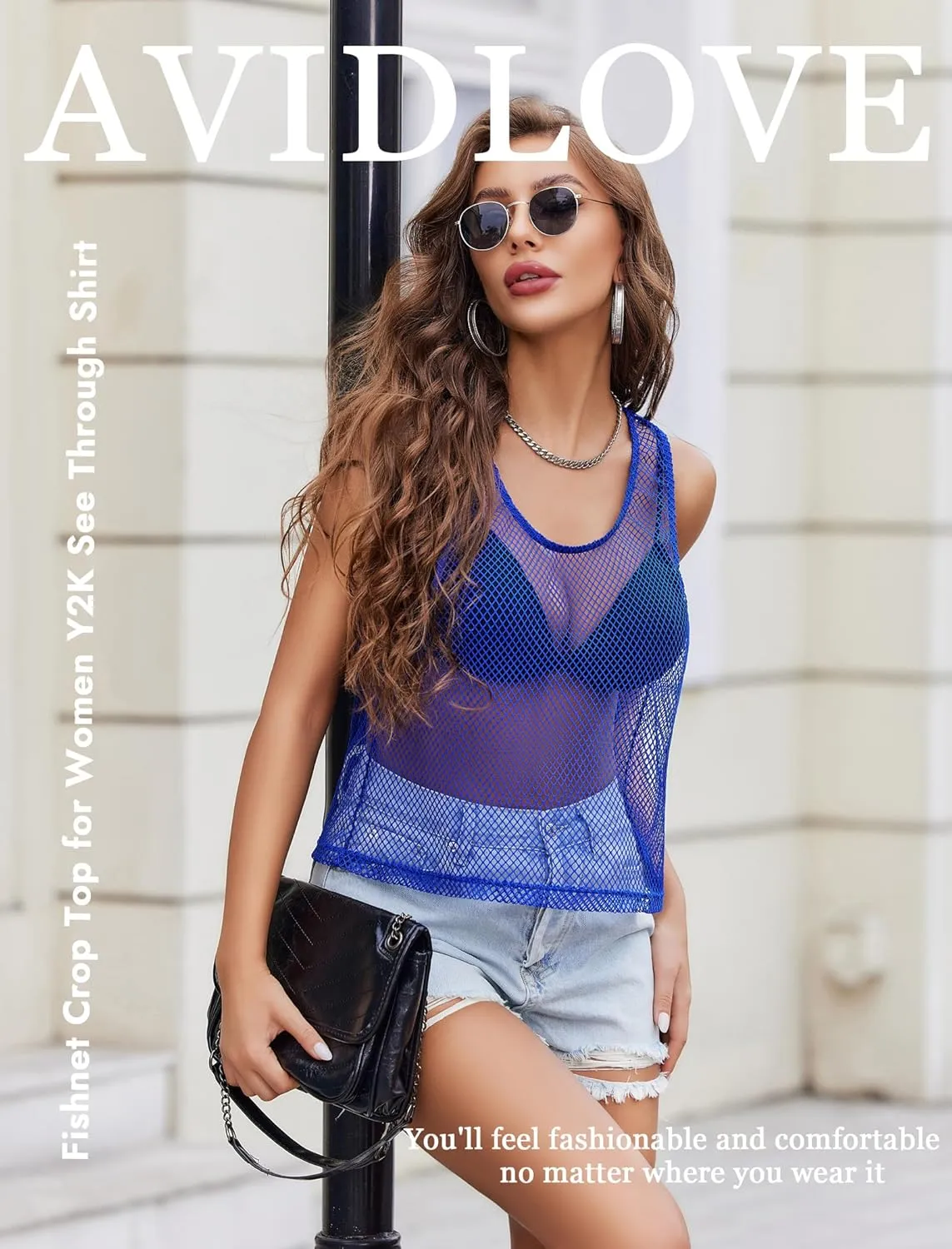 Avidlove Fishnet Top for Women Sleeveless See Through Cover Up Scoop Neck Blouses Y2K Sheer Tank Shirt