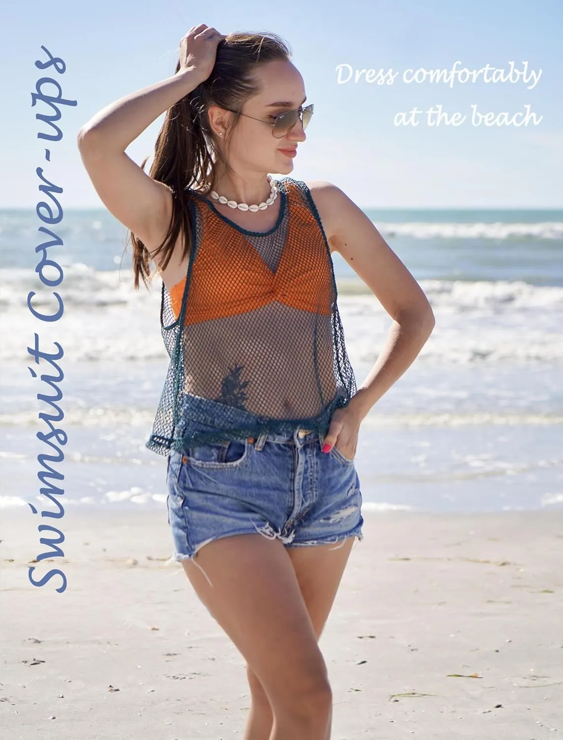 Avidlove Fishnet Top for Women Sleeveless See Through Cover Up Scoop Neck Blouses Y2K Sheer Tank Shirt