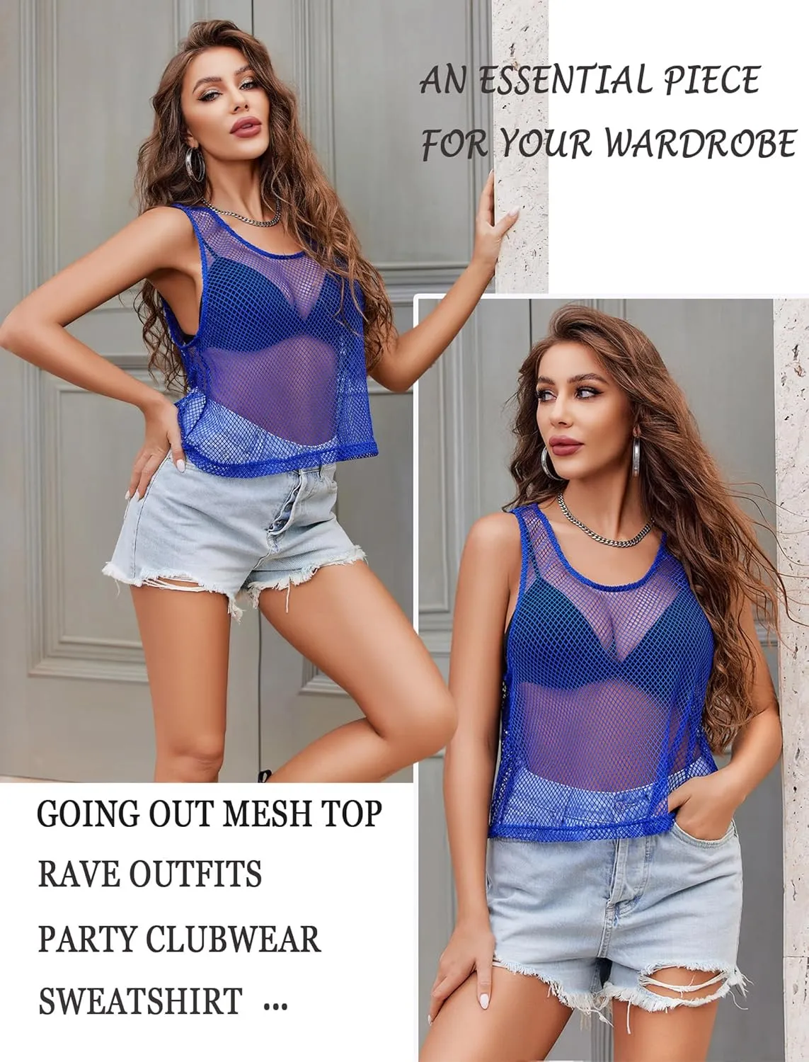 Avidlove Fishnet Top for Women Sleeveless See Through Cover Up Scoop Neck Blouses Y2K Sheer Tank Shirt