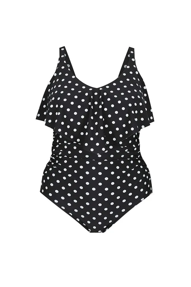 Black and White Dots Long Frill V Neck One Piece