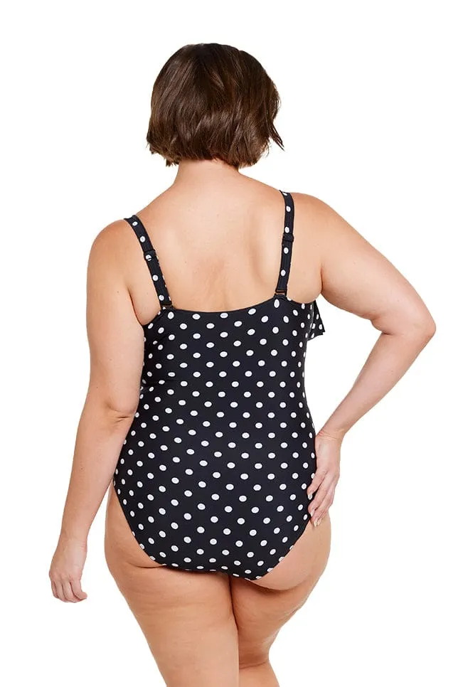 Black and White Dots Long Frill V Neck One Piece