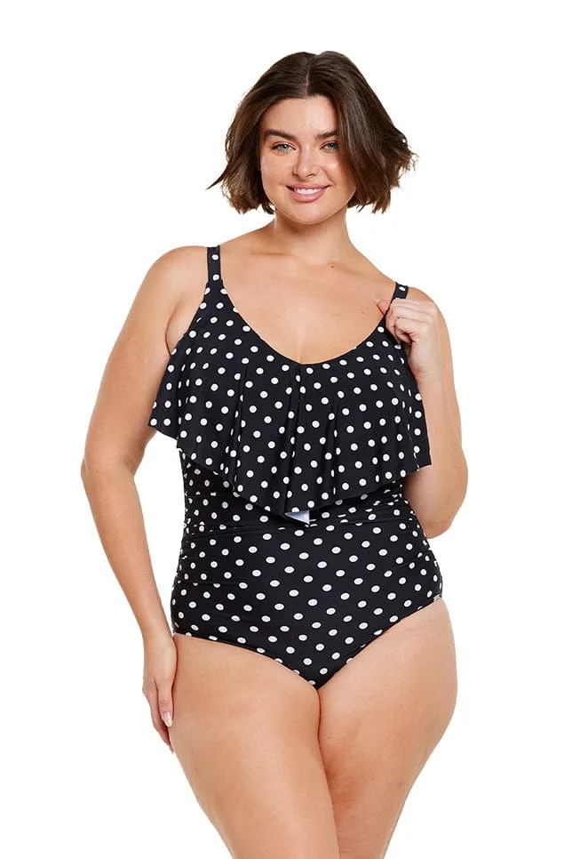 Black and White Dots Long Frill V Neck One Piece