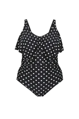 Black and White Dots Long Frill V Neck One Piece