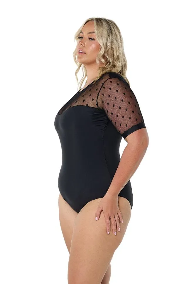 Black Mesh Polkadot Short Sleeve One Piece