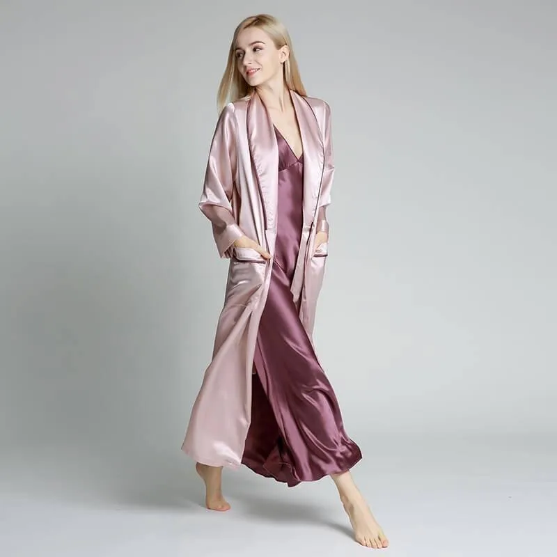 Classic Contrast Piping Silk Robe For Women 22 Momme Silk Bathrobe Silk Nightwear