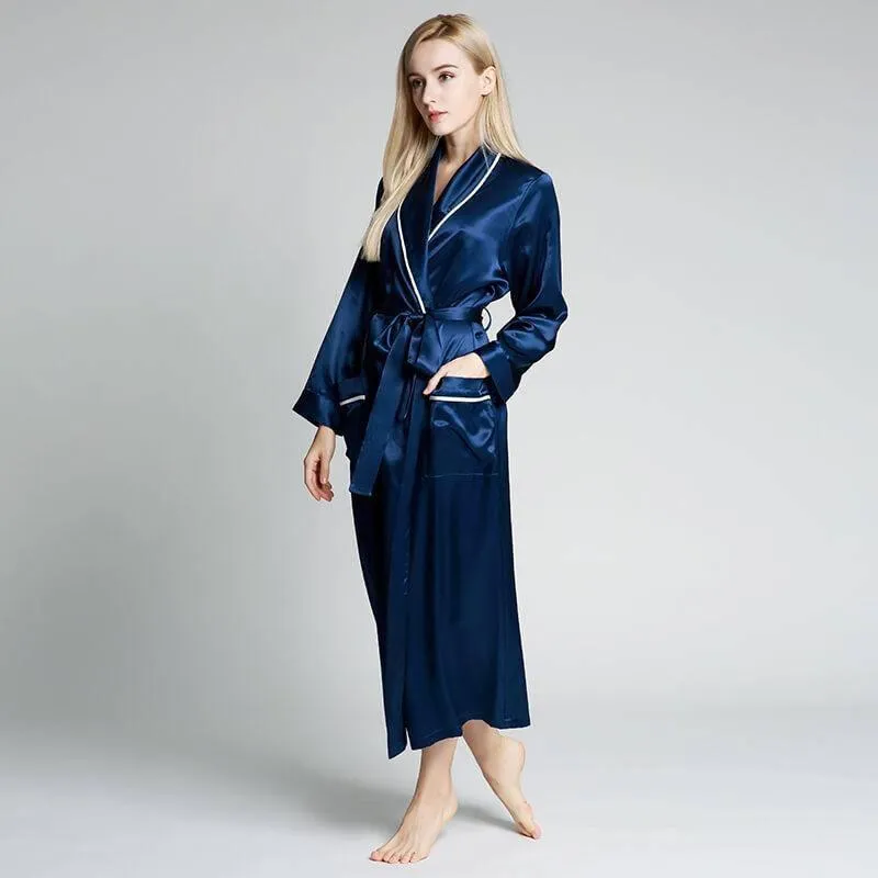 Classic Contrast Piping Silk Robe For Women 22 Momme Silk Bathrobe Silk Nightwear