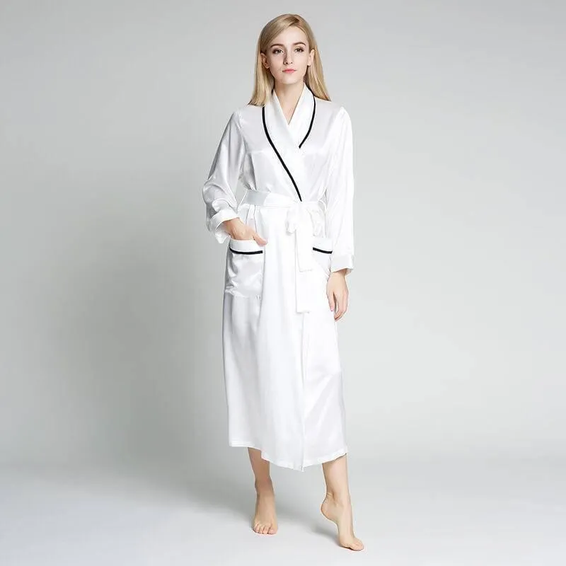 Classic Contrast Piping Silk Robe For Women 22 Momme Silk Bathrobe Silk Nightwear