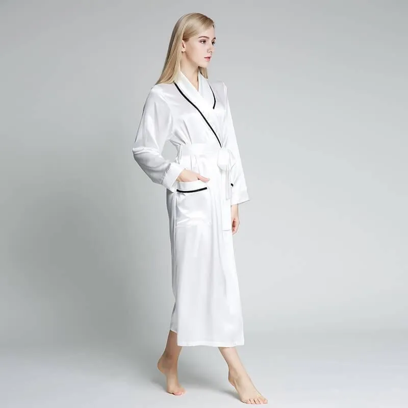 Classic Contrast Piping Silk Robe For Women 22 Momme Silk Bathrobe Silk Nightwear