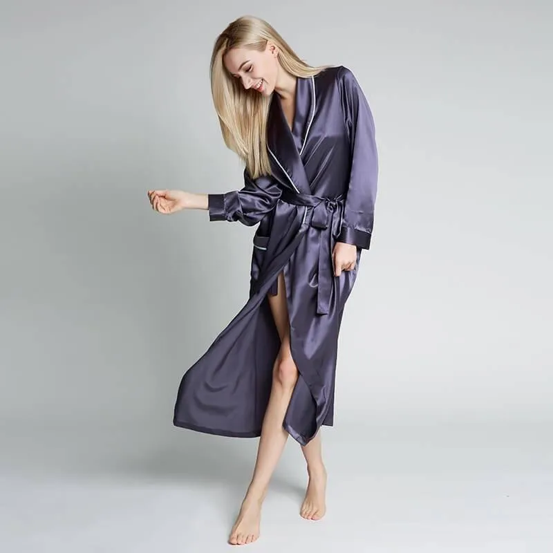 Classic Contrast Piping Silk Robe For Women 22 Momme Silk Bathrobe Silk Nightwear