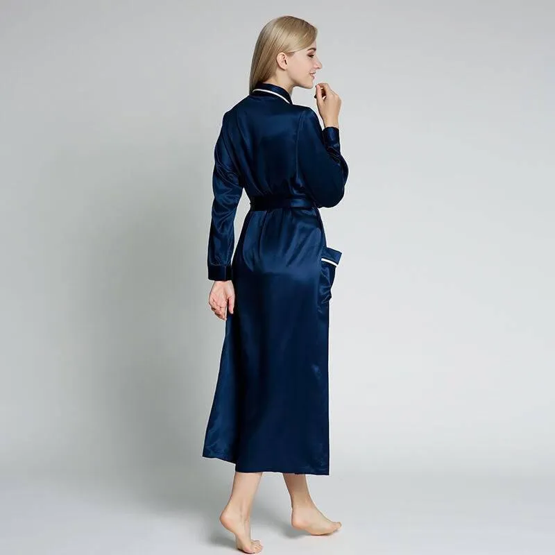 Classic Contrast Piping Silk Robe For Women 22 Momme Silk Bathrobe Silk Nightwear