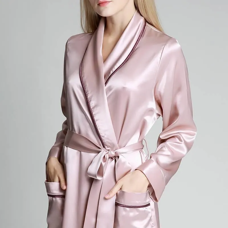 Classic Contrast Piping Silk Robe For Women 22 Momme Silk Bathrobe Silk Nightwear