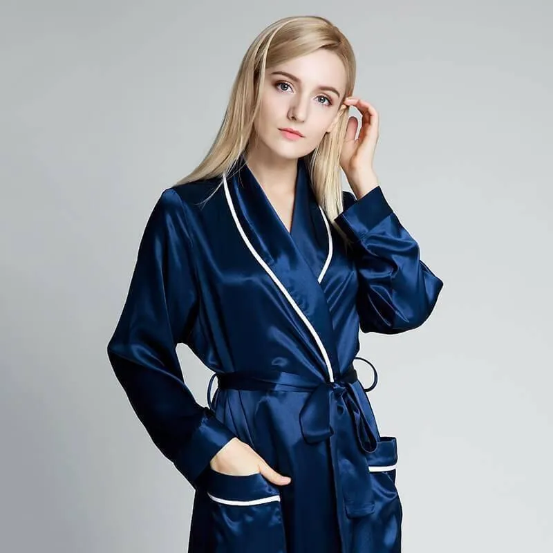 Classic Contrast Piping Silk Robe For Women 22 Momme Silk Bathrobe Silk Nightwear