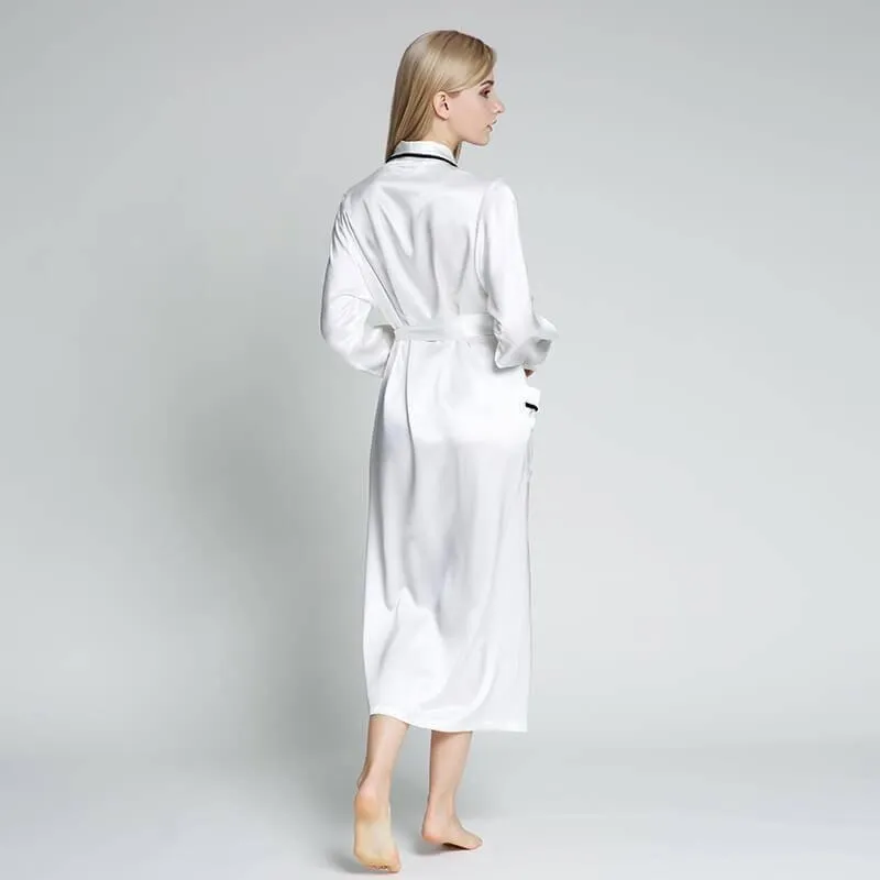 Classic Contrast Piping Silk Robe For Women 22 Momme Silk Bathrobe Silk Nightwear