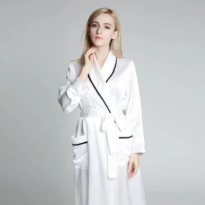 Classic Contrast Piping Silk Robe For Women 22 Momme Silk Bathrobe Silk Nightwear