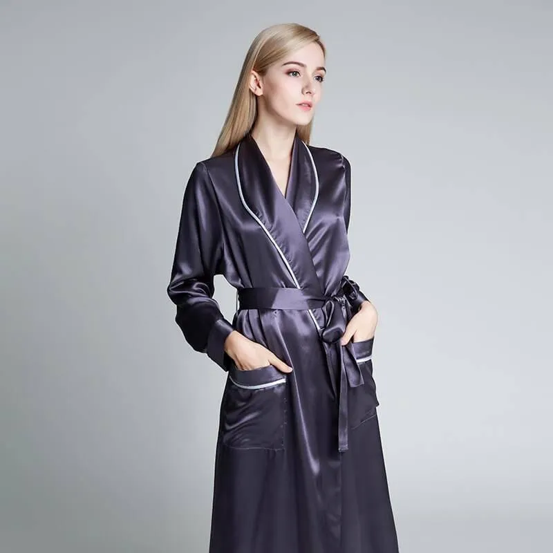 Classic Contrast Piping Silk Robe For Women 22 Momme Silk Bathrobe Silk Nightwear