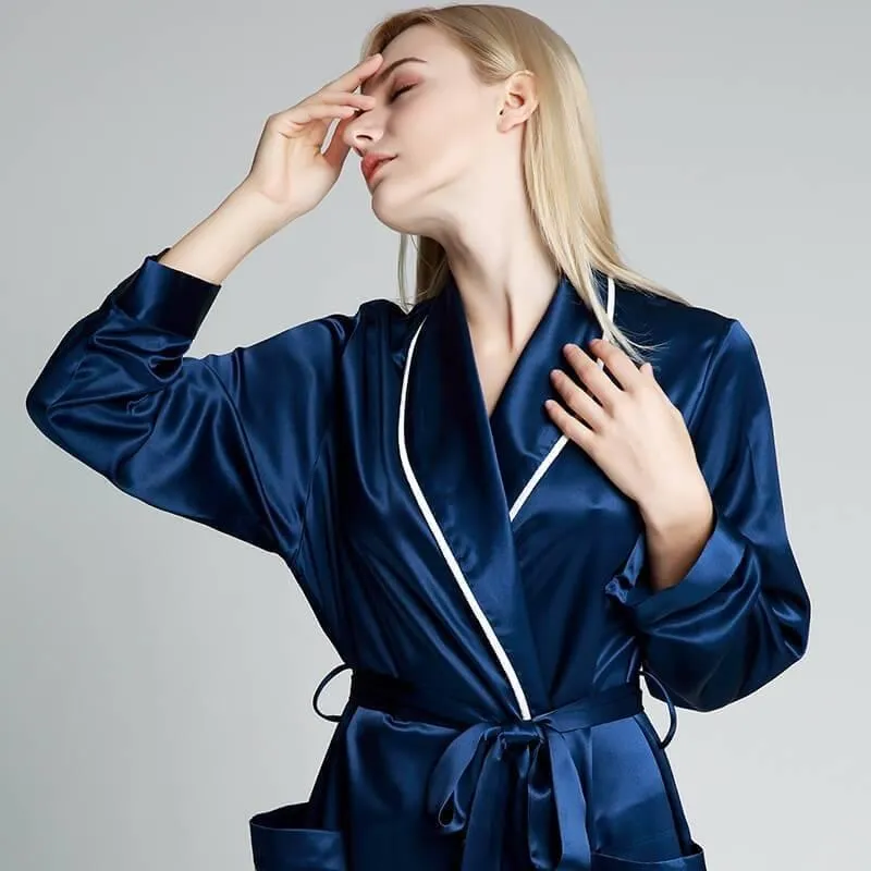 Classic Contrast Piping Silk Robe For Women 22 Momme Silk Bathrobe Silk Nightwear