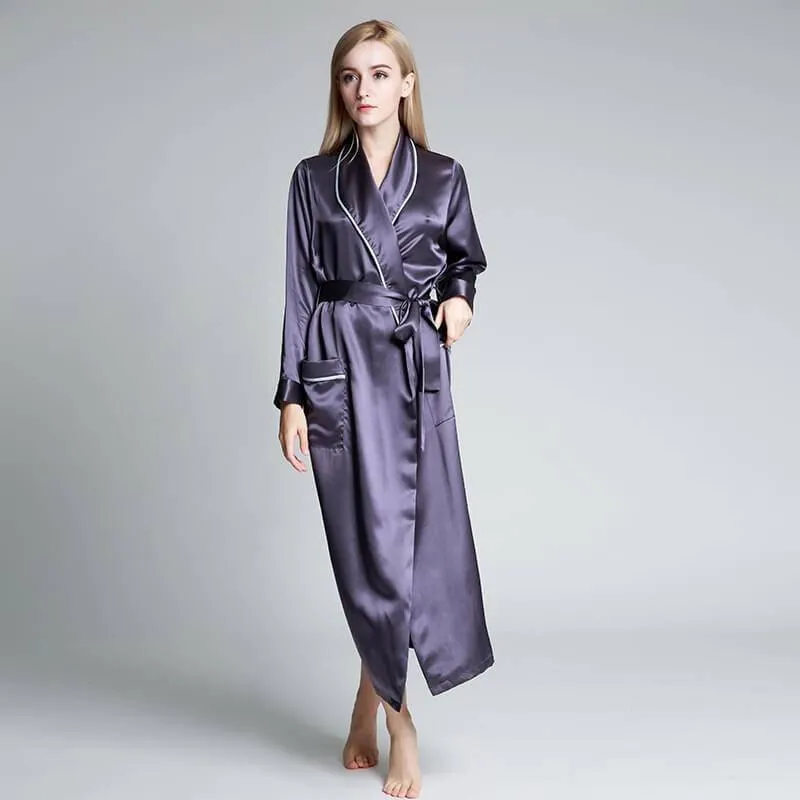 Classic Contrast Piping Silk Robe For Women 22 Momme Silk Bathrobe Silk Nightwear
