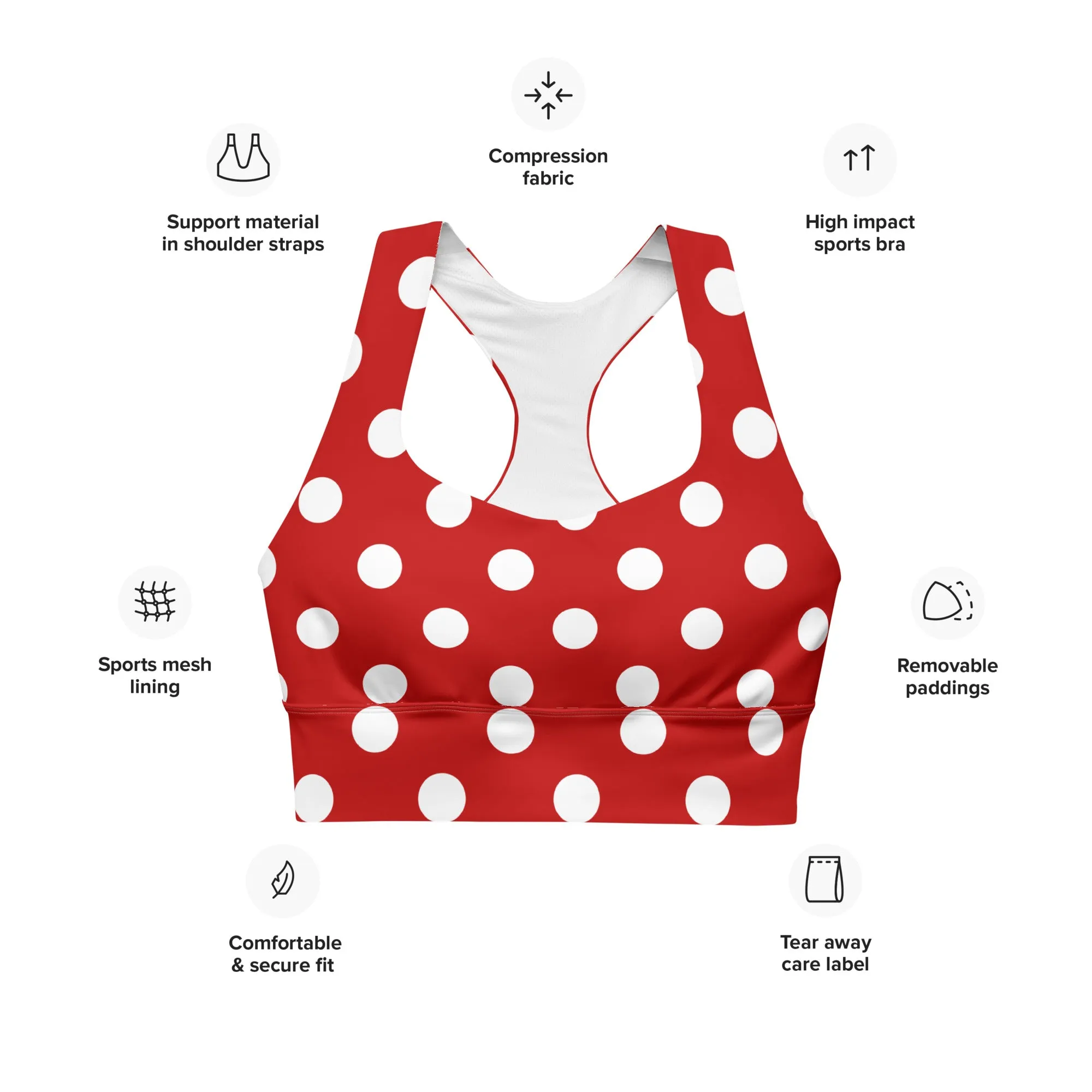Classic Red and White Polka Dots Sports Bra Racerback Bra, lioness-love