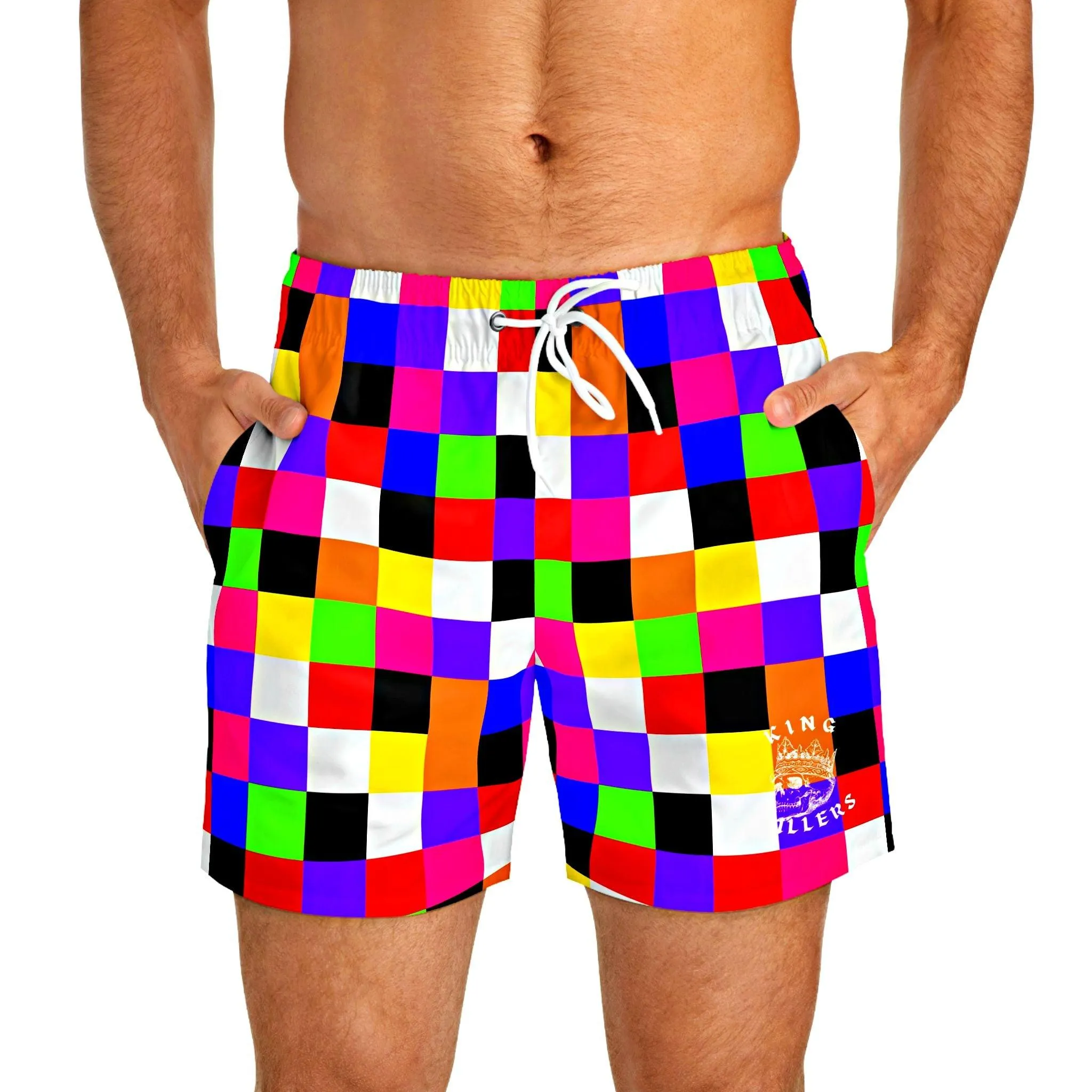 Colorful Checkerboard Pattern Swim Trunks For Men