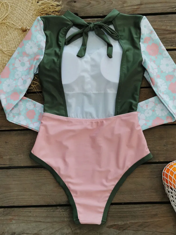 Contrast color paneled long-sleeved front-zip swimsuit