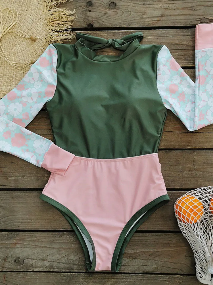 Contrast color paneled long-sleeved front-zip swimsuit