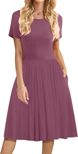 DB MOON Women Summer Casual Short Sleeve Dresses Empire Waist Dress with Pockets