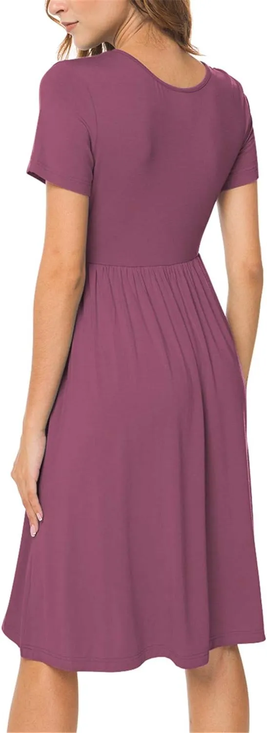 DB MOON Women Summer Casual Short Sleeve Dresses Empire Waist Dress with Pockets