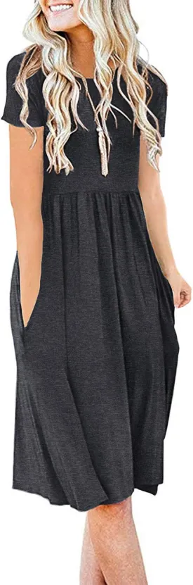 DB MOON Women Summer Casual Short Sleeve Dresses Empire Waist Dress with Pockets