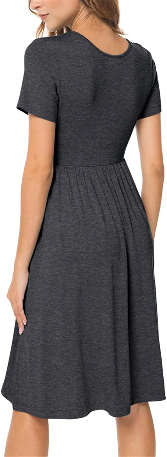 DB MOON Women Summer Casual Short Sleeve Dresses Empire Waist Dress with Pockets