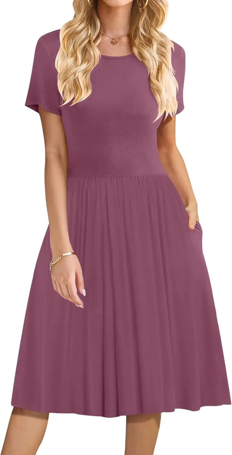 DB MOON Women Summer Casual Short Sleeve Dresses Empire Waist Dress with Pockets