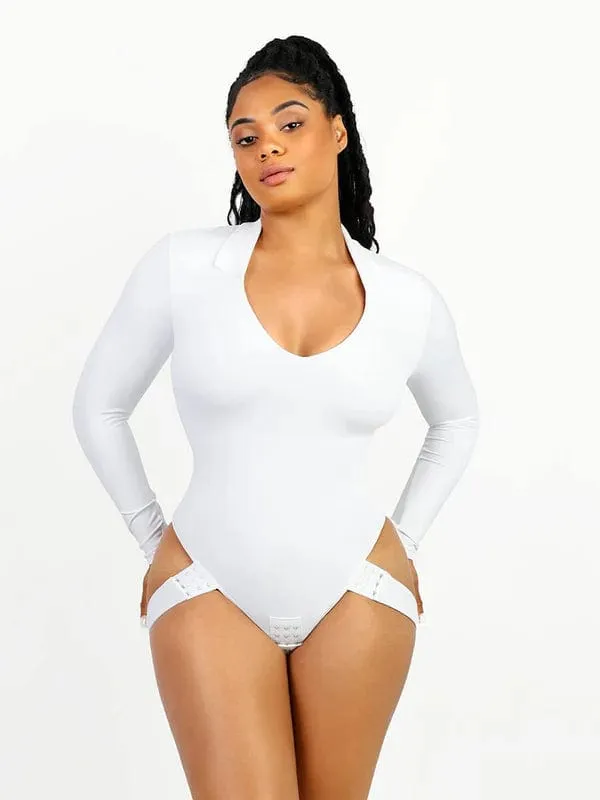 Deep V Neck Long Sleeve Shapewear Thong Bodysuit