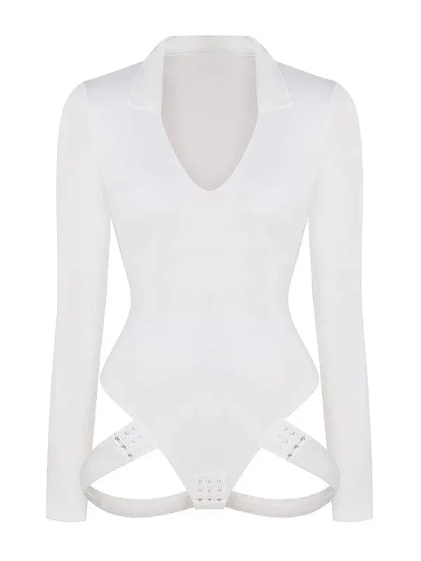 Deep V Neck Long Sleeve Shapewear Thong Bodysuit