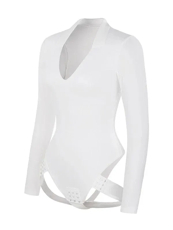 Deep V Neck Long Sleeve Shapewear Thong Bodysuit