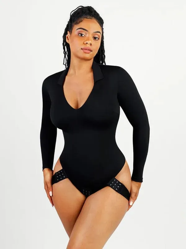 Deep V Neck Long Sleeve Shapewear Thong Bodysuit
