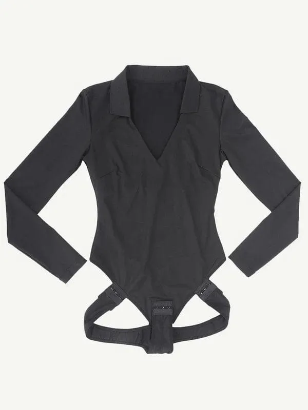 Deep V Neck Long Sleeve Shapewear Thong Bodysuit
